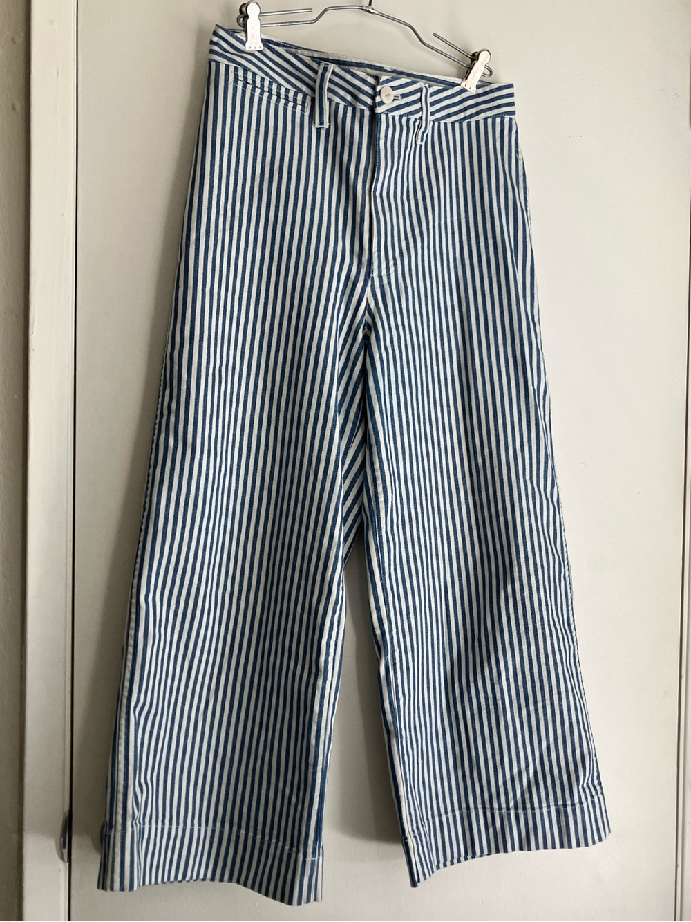 Madewell Wide Leg Blue & White Striped Cropped Pants 28 Waist